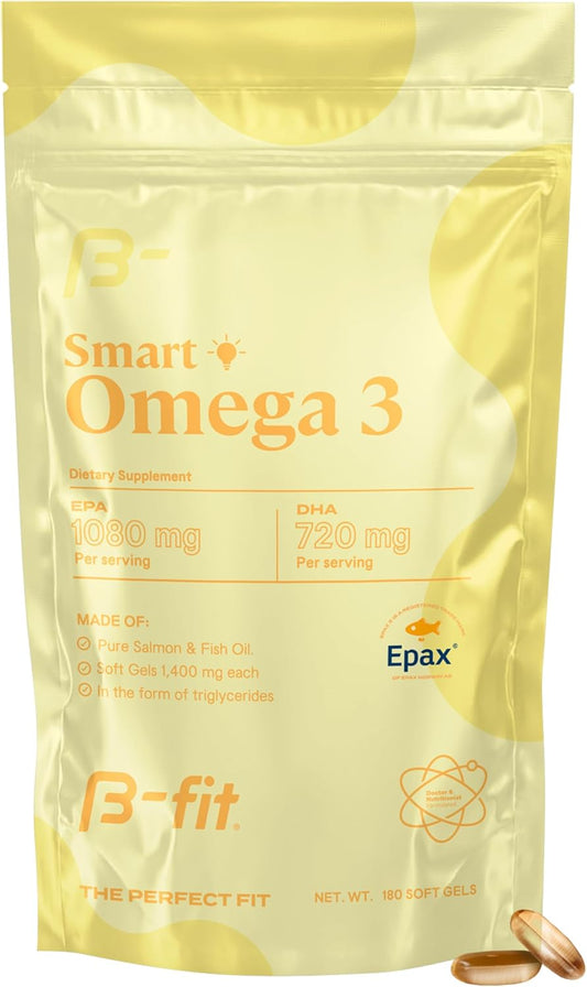 180 B-FIT B Fish Oil Omega 3 Softgel Capsules - 1800mg Fatty Acids from Norwegian Salmon - EPAX Patented Formula - High EPA and DHA Concentration