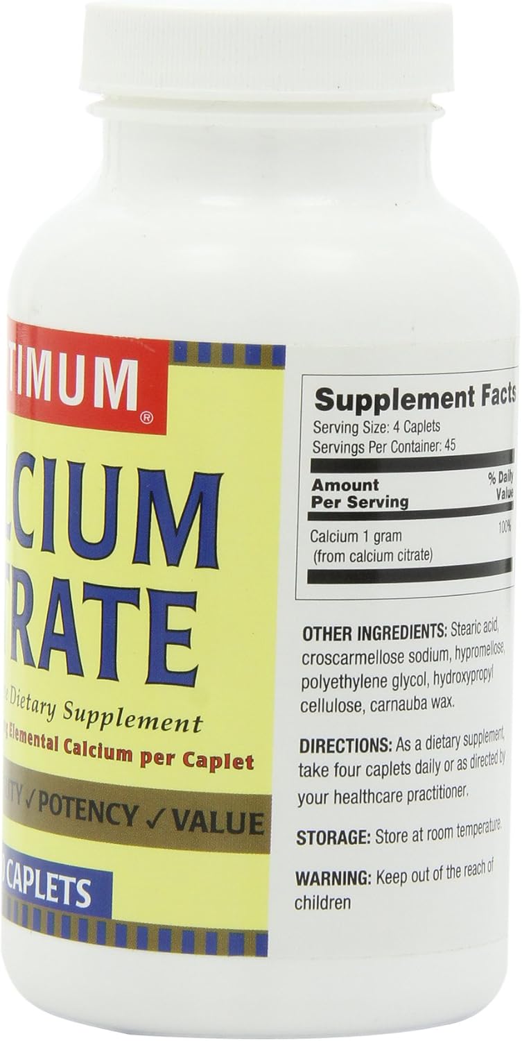 180 Caplets of Optimum Calcium Citrate Supplement for Bone Health and Support