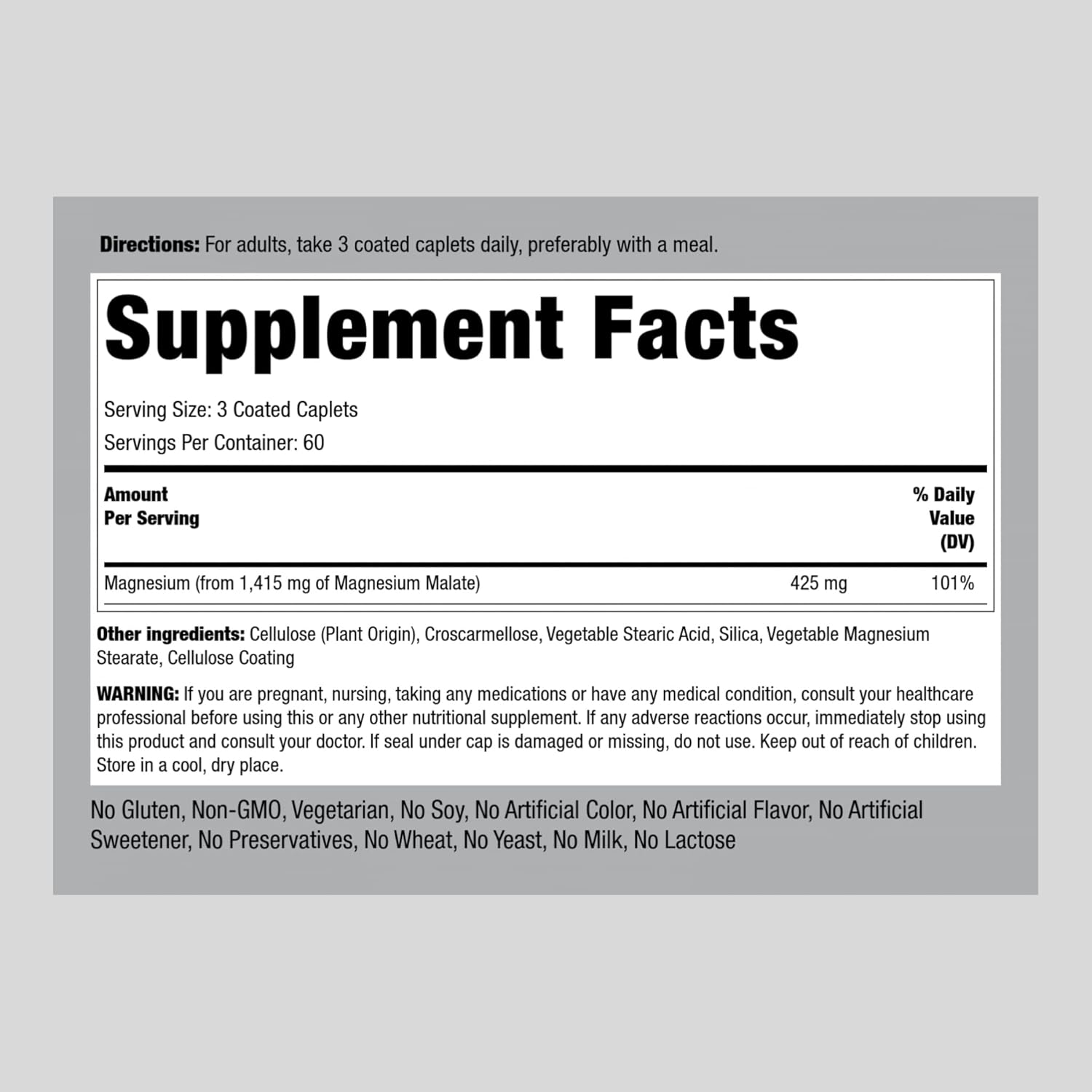 180 Caplets of Piping Rock Magnesium Malate - 1800 mg - Vegetarian, Non-GMO, Gluten Free Supplement - BoostGo Australia