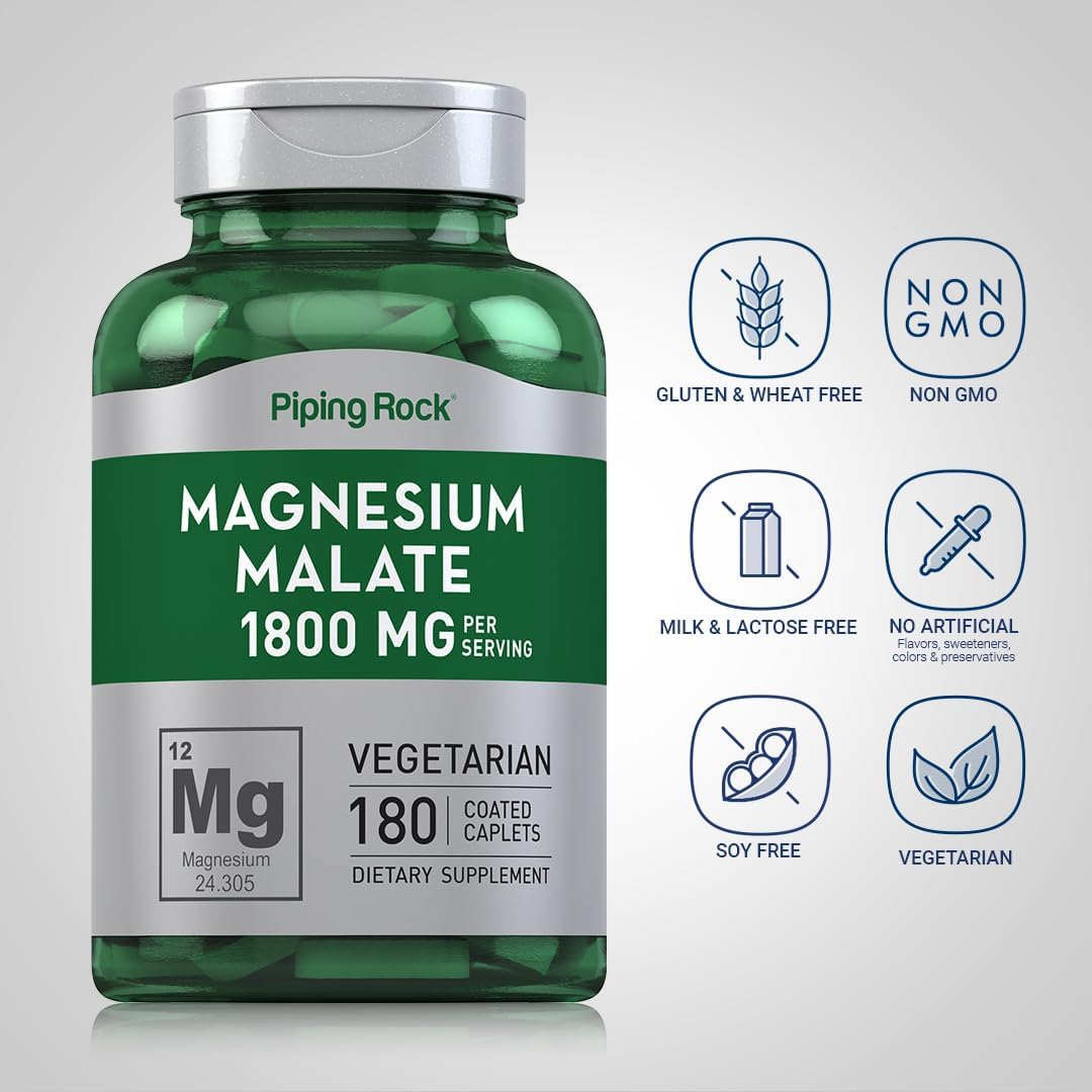 180 Caplets of Piping Rock Magnesium Malate - 1800 mg - Vegetarian, Non-GMO, Gluten Free Supplement - BoostGo Australia