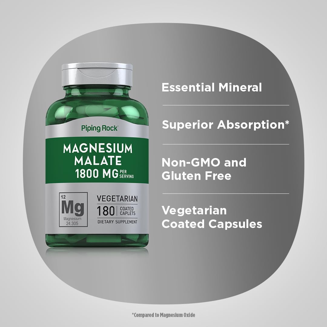 180 Caplets of Piping Rock Magnesium Malate - 1800 mg - Vegetarian, Non-GMO, Gluten Free Supplement - BoostGo Australia
