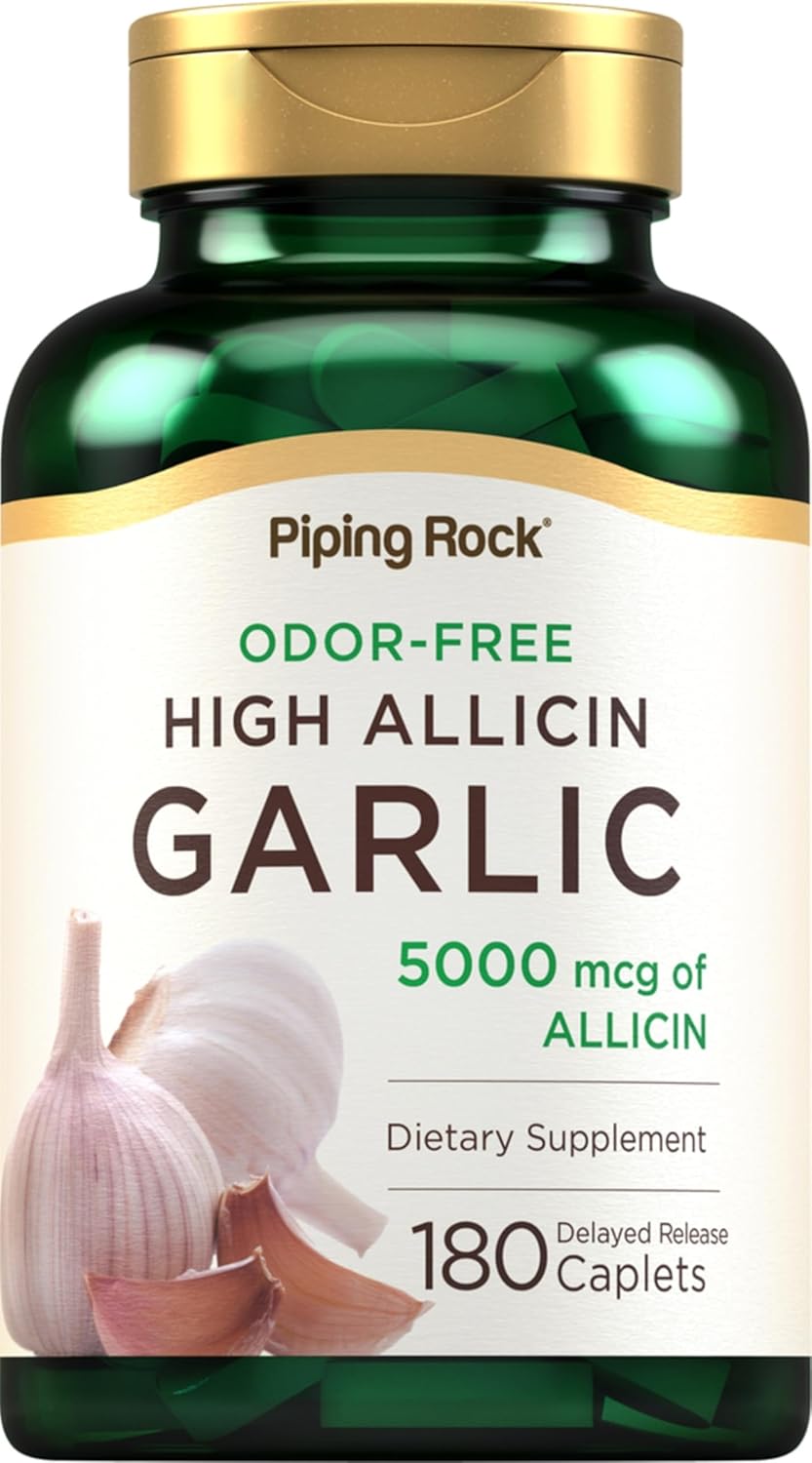 180 Caplets Piping Rock Odorless Garlic Pills - High Allicin, Vegetarian, Non-GMO, Gluten Free, Odor Free
