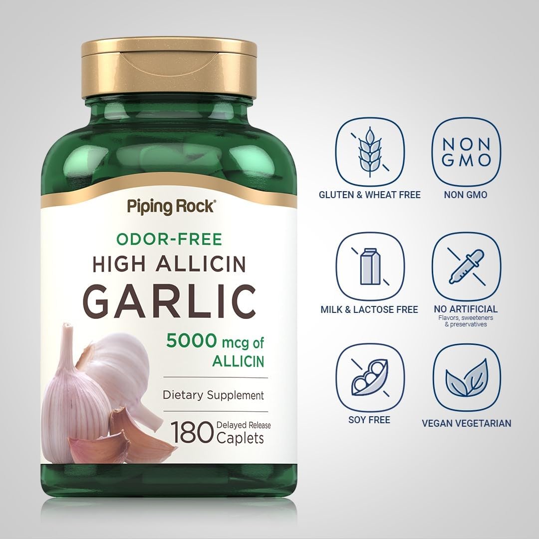 180 Caplets Piping Rock Odorless Garlic Pills - High Allicin, Vegetarian, Non-GMO, Gluten Free, Odor Free