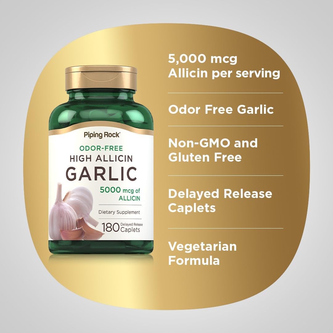 180 Caplets Piping Rock Odorless Garlic Pills - High Allicin, Vegetarian, Non-GMO, Gluten Free, Odor Free