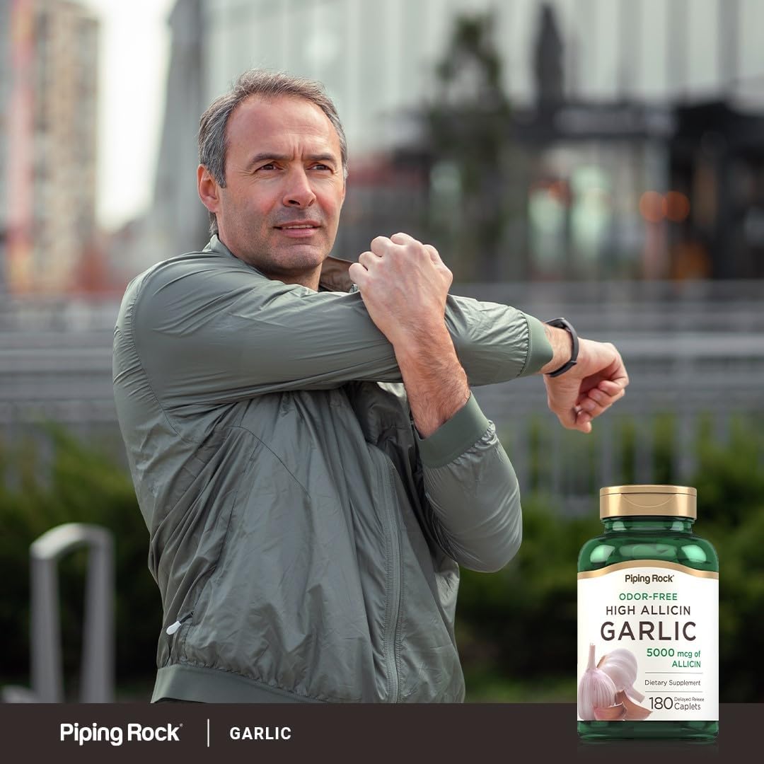 180 Caplets Piping Rock Odorless Garlic Pills - High Allicin, Vegetarian, Non-GMO, Gluten Free, Odor Free