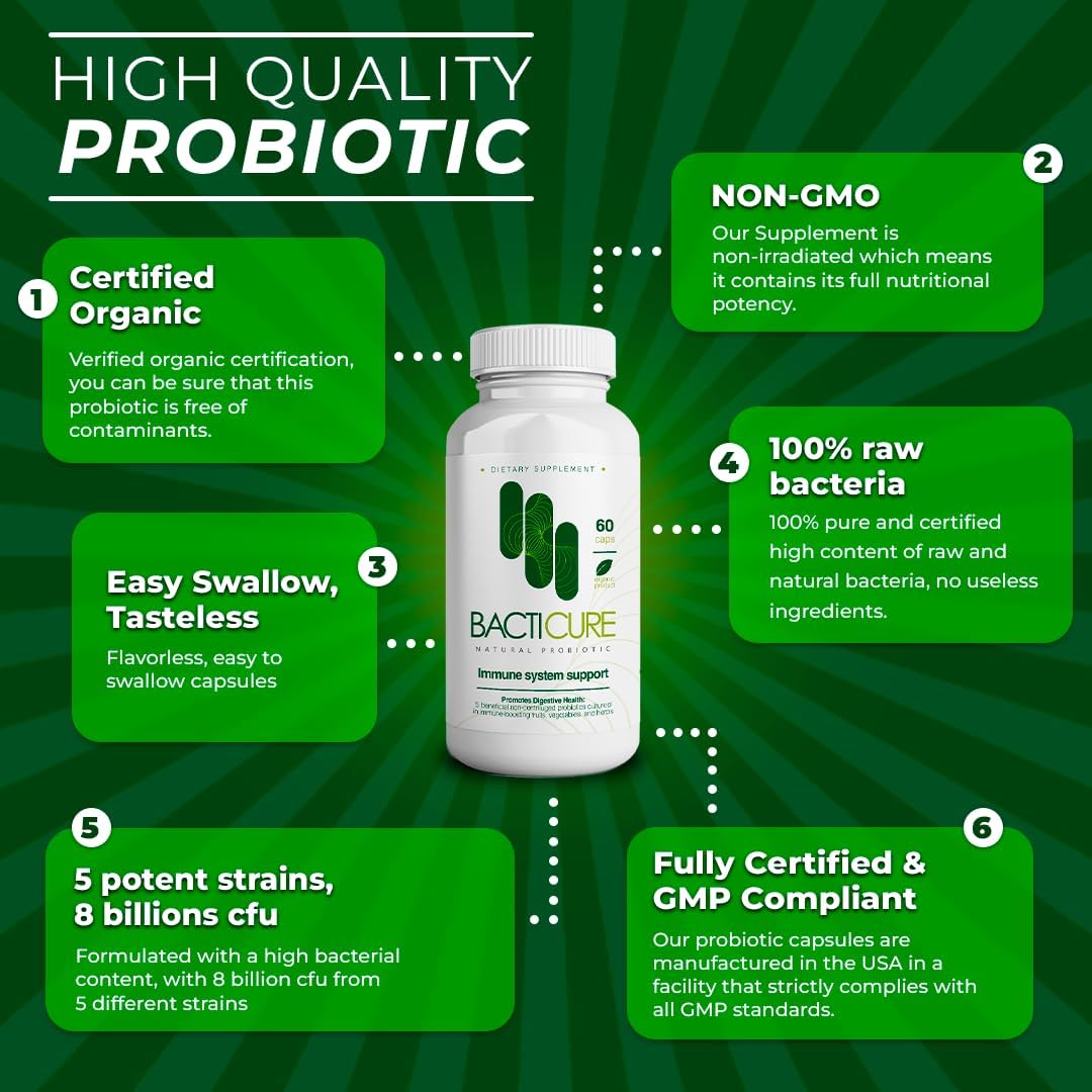 180 Capsules Bacticure High CFU Probiotic Formula for Digestive & Vaginal Health - Colon Cleanse, Prebiotics, Enzymes & Immune Support for Men & Women