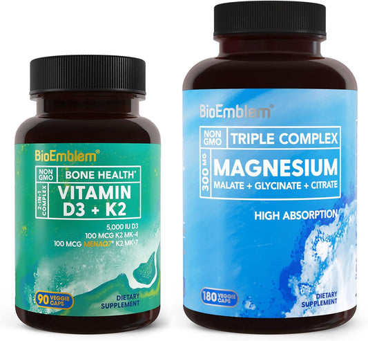 180 Capsules BioEmblem Triple Magnesium Complex with 90 Capsules Vitamin D3 K2
