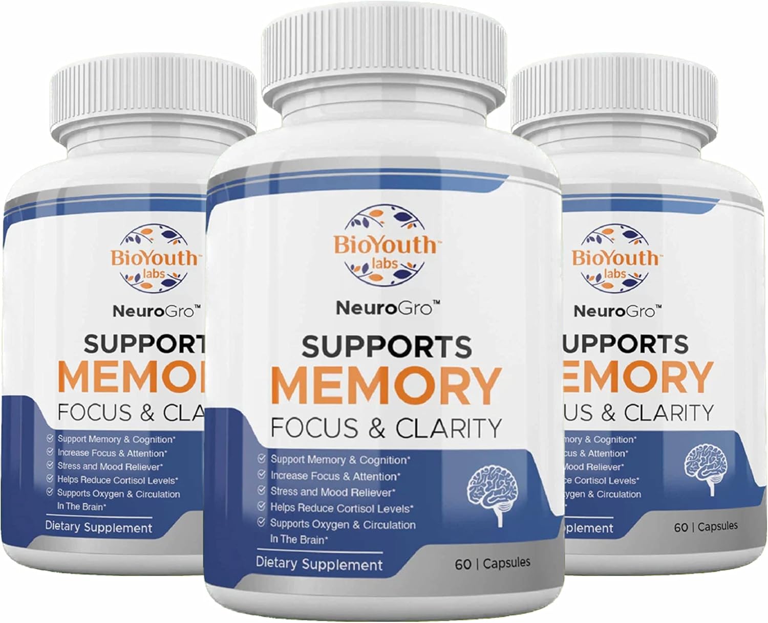 180 Capsules BioYouth Labs Brain Health Supplements for Adults - Bacopa Monnieri, Ginkgo Biloba, Melissa Officinalis & Citicoline Blend for Focus & Memory