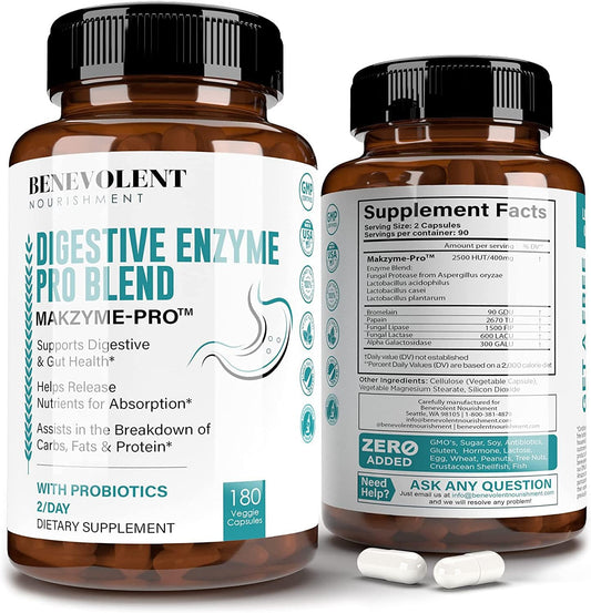180 Capsules High Fiber Digestive Enzymes Supplement with Probiotics and Natural Extracts for Healthy Digestion and Bloating Reduction