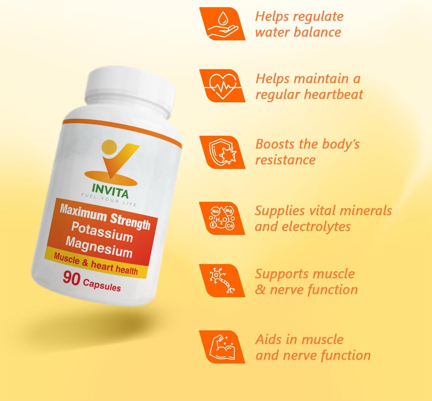 180 Capsules Invita Potassium Magnesium Supplement - High Absorption Complex for Cardiovascular, Muscles & Nerve Health - Non GMO & Gluten Free