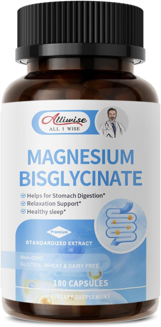 180 Capsules of Alliwise Magnesium Bisglycinate Chelate for Restful Sleep and Energy Support