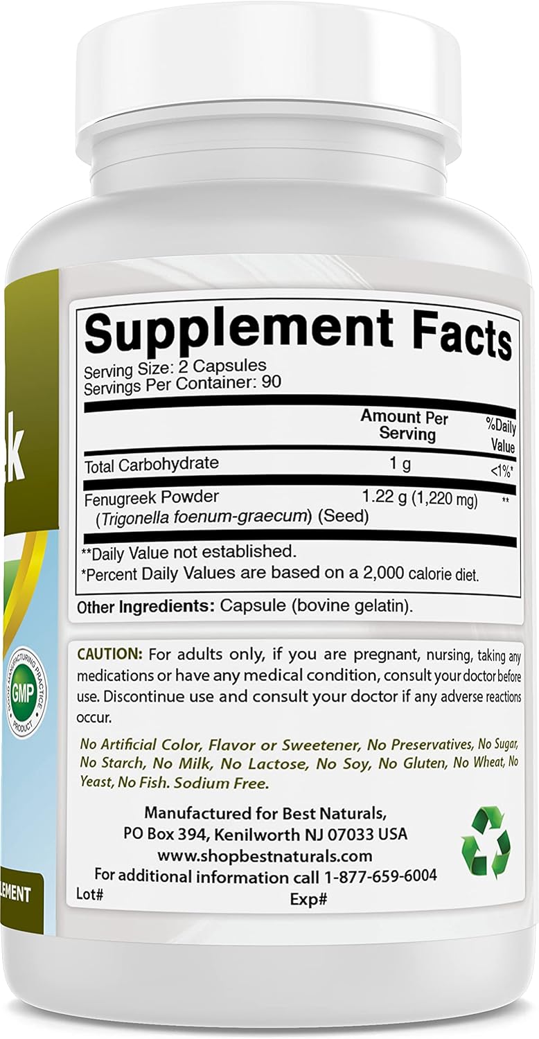 180 Capsules of Best Naturals Fenugreek Seed 610 mg - High Quality Dietary Supplement