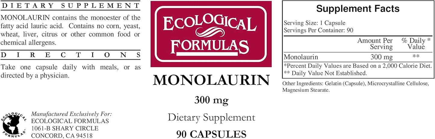 180 Capsules of Ecological Formulas Monolaurin 300 mg - Double Bottle Pack