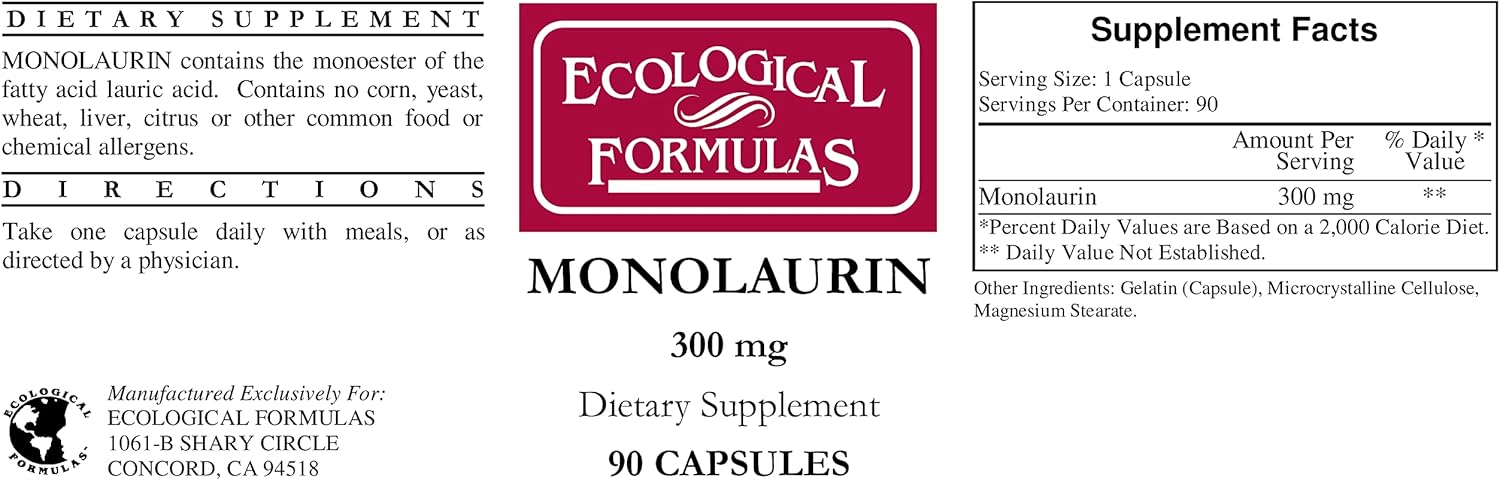 180 Capsules of Ecological Formulas Monolaurin 300 mg - Double Bottle Pack