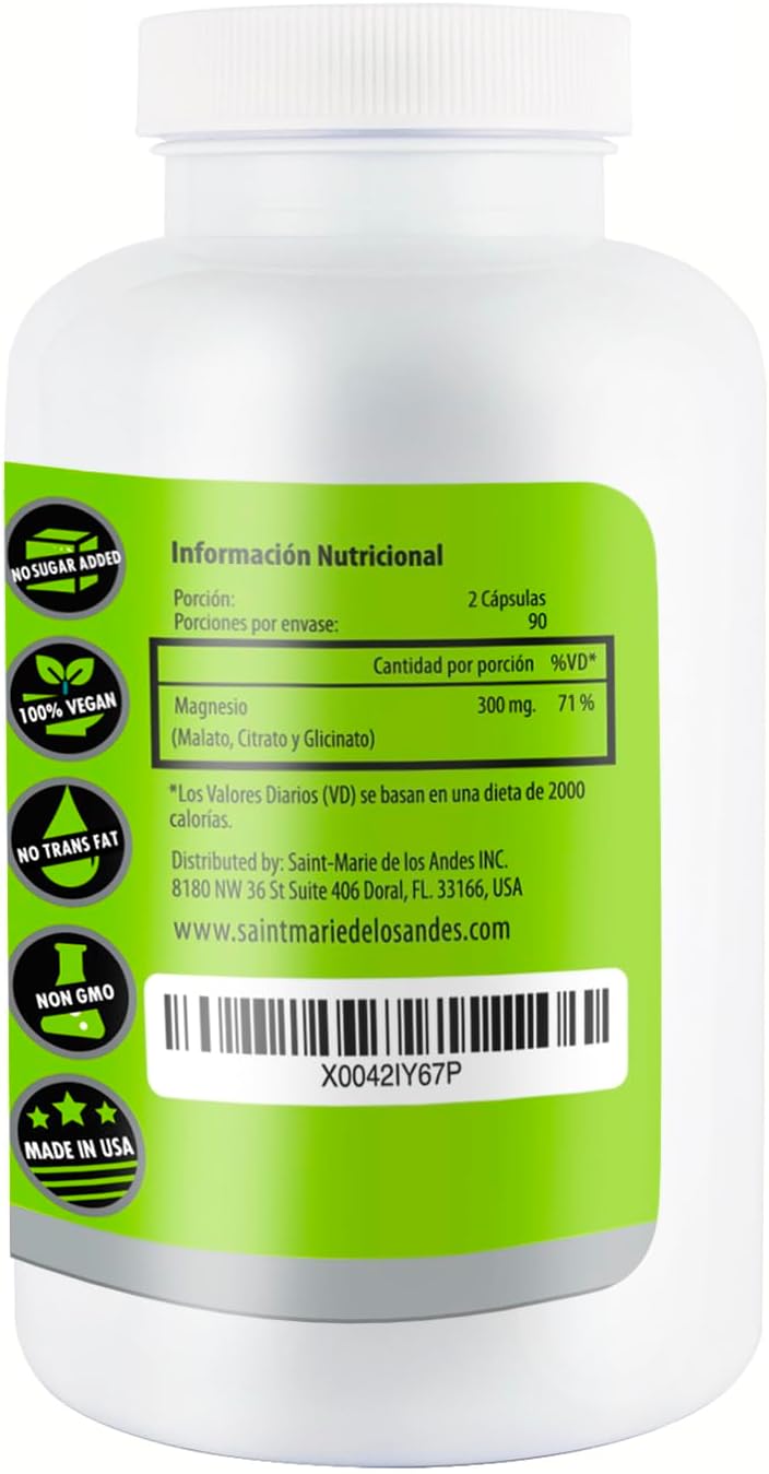 180 Capsules of High Potency Tri-Magnesium Complex Supplement for 90 Days Supply from Saint-Marie de Los Andes