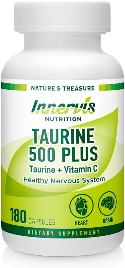 180 Capsules of INNVERVISNUTRITION Taurine 500 with Vitamin C for Heart, Brain, and Energy Boost - Antioxidant Amino Acid Supplement