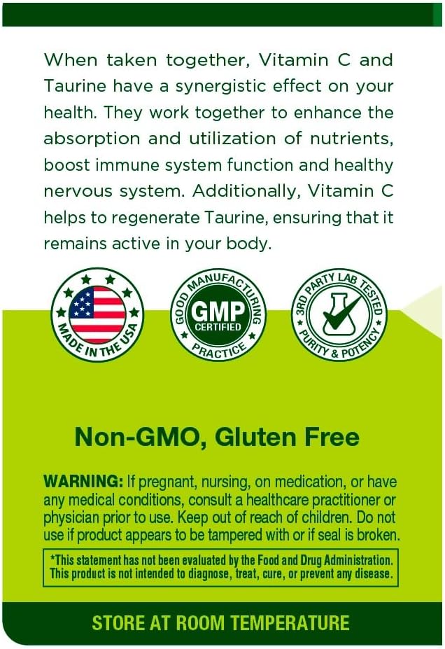 180 Capsules of INNVERVISNUTRITION Taurine 500 with Vitamin C for Heart, Brain, and Energy Boost - Antioxidant Amino Acid Supplement