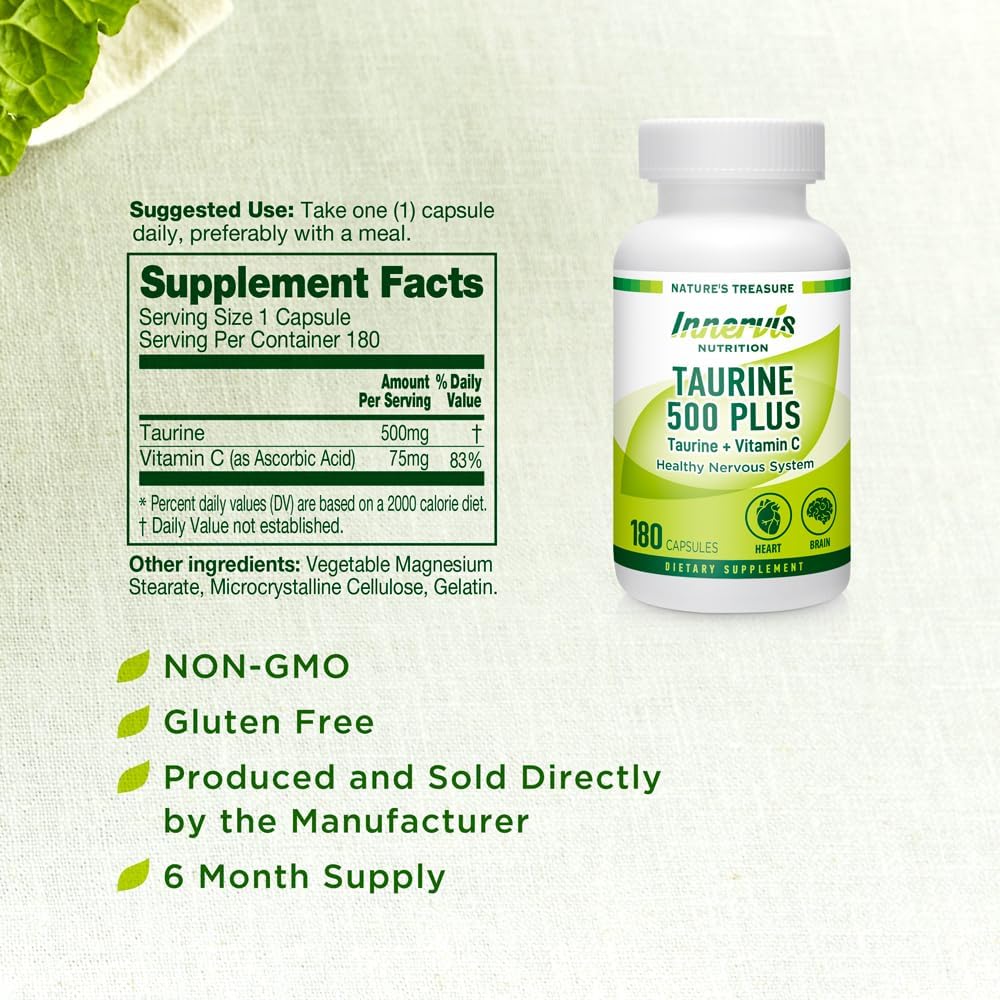 180 Capsules of INNVERVISNUTRITION Taurine 500 with Vitamin C for Heart, Brain, and Energy Boost - Antioxidant Amino Acid Supplement