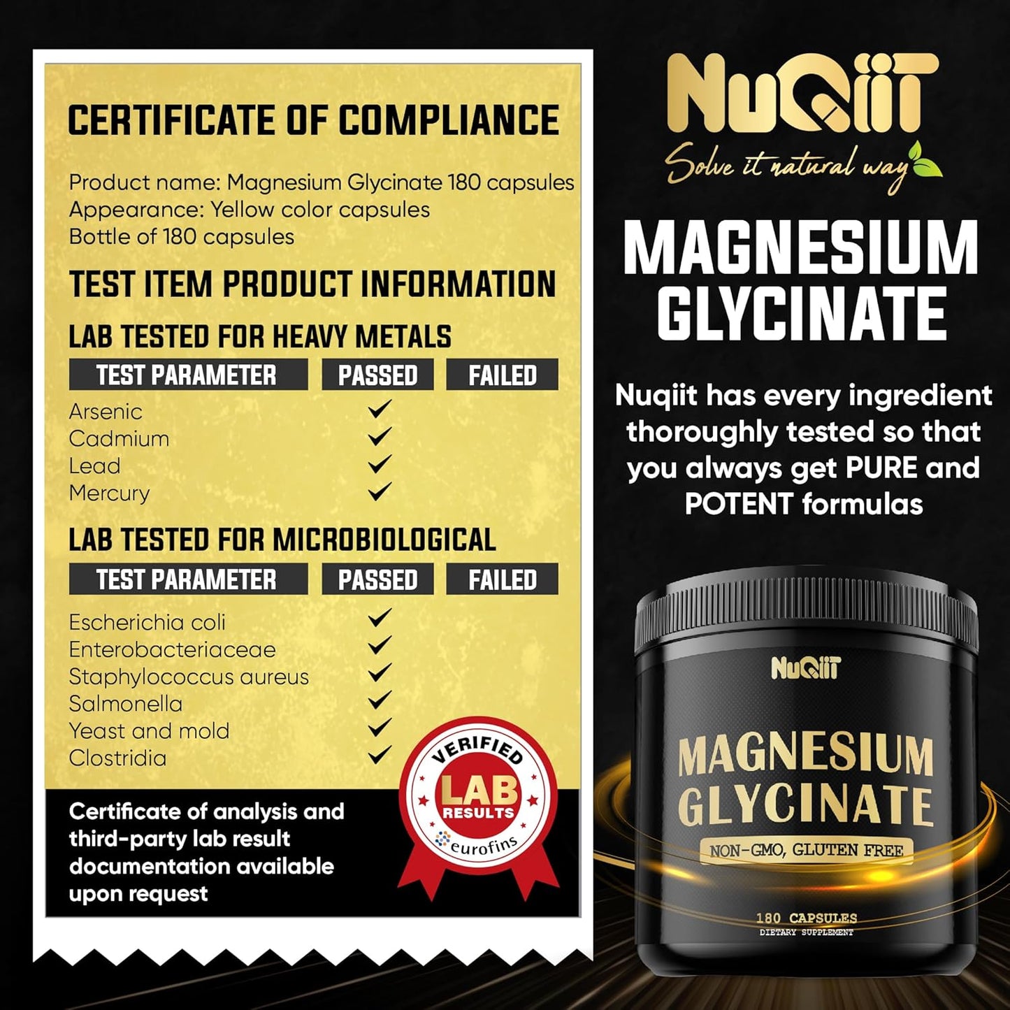 180 Capsules of NUQIIT Magnesium Glycinate 500mg Supplement - Supports Bone Health, Muscle Growth, Mood & Heart Health - High Elemental Magnesium