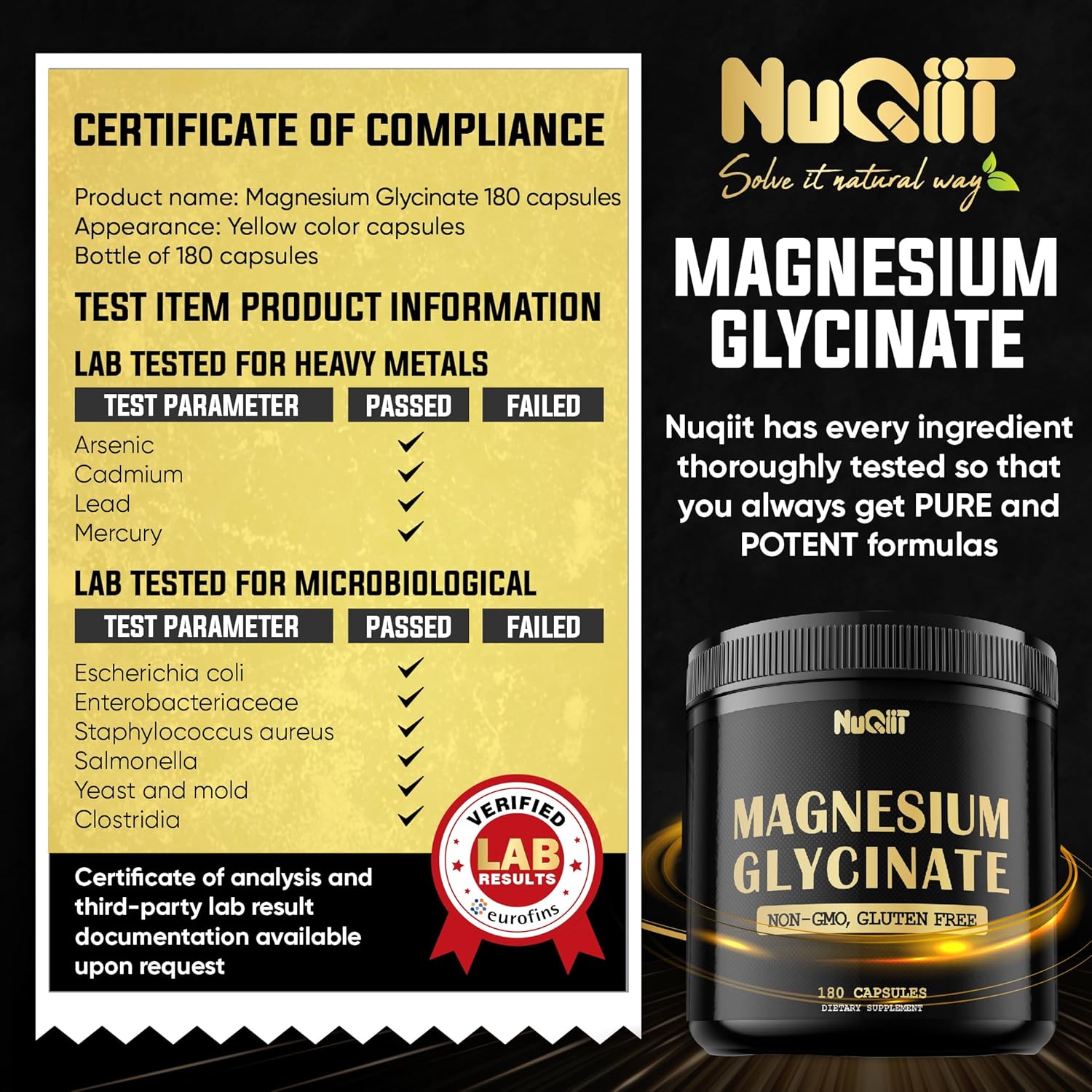 180 Capsules of NUQIIT Magnesium Glycinate 500mg Supplement - Supports Bone Health, Muscle Growth, Mood & Heart Health - High Elemental Magnesium