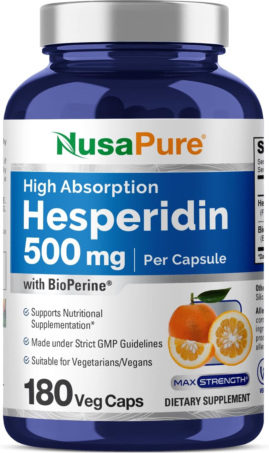 180 Capsules of NusaPure Hesperidin with 500mg per Serving, Enhanced with BioPerine for High Absorption, Non-GMO