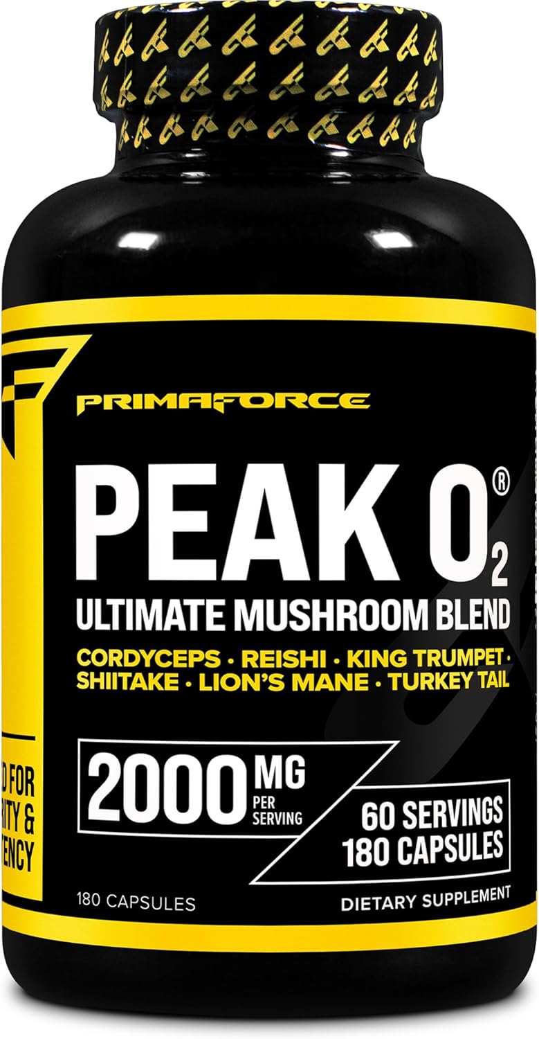 180 Capsules of Primaforce Peak O2 Mushroom Performance Booster - 2,000mg Per Serving, 60 Servings - Athletic Supplement