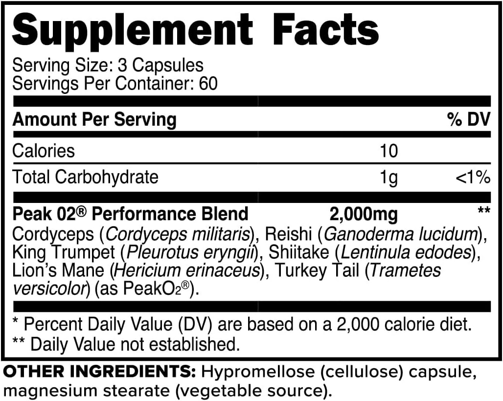 180 Capsules of Primaforce Peak O2 Mushroom Performance Booster - 2,000mg Per Serving, 60 Servings - Athletic Supplement