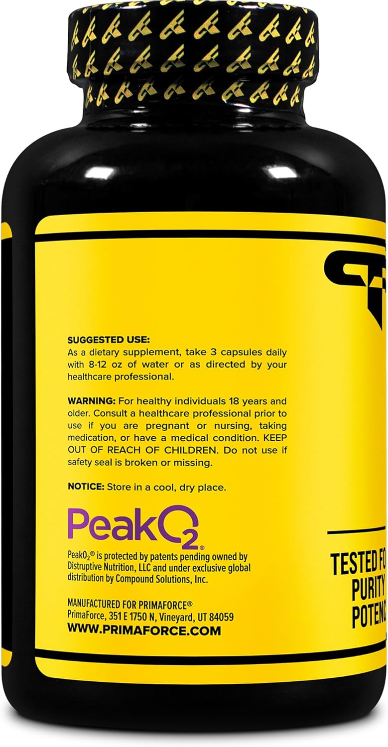 180 Capsules of Primaforce Peak O2 Mushroom Performance Booster - 2,000mg Per Serving, 60 Servings - Athletic Supplement