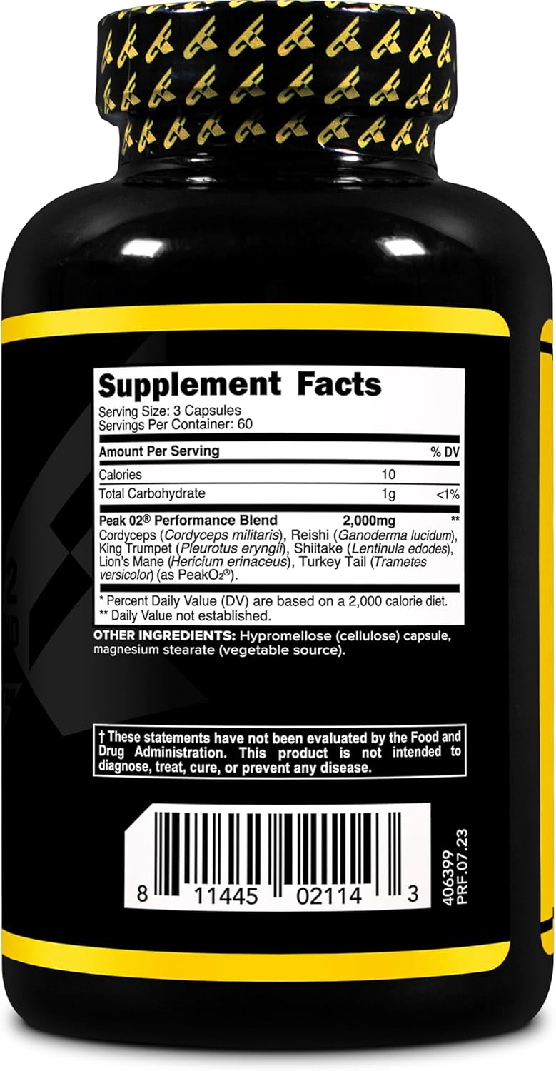 180 Capsules of Primaforce Peak O2 Mushroom Performance Booster - 2,000mg Per Serving, 60 Servings - Athletic Supplement