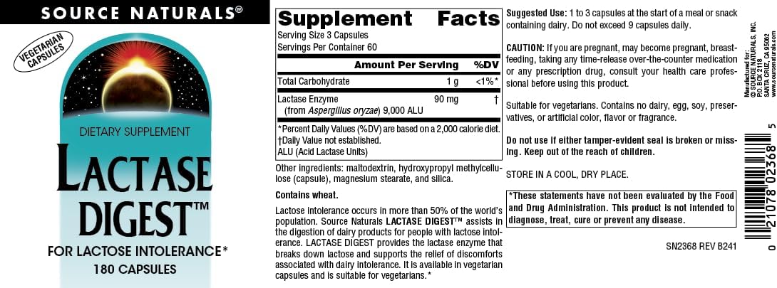 180 Capsules of Source Naturals Lactase Digest for Lactose Intolerance Support