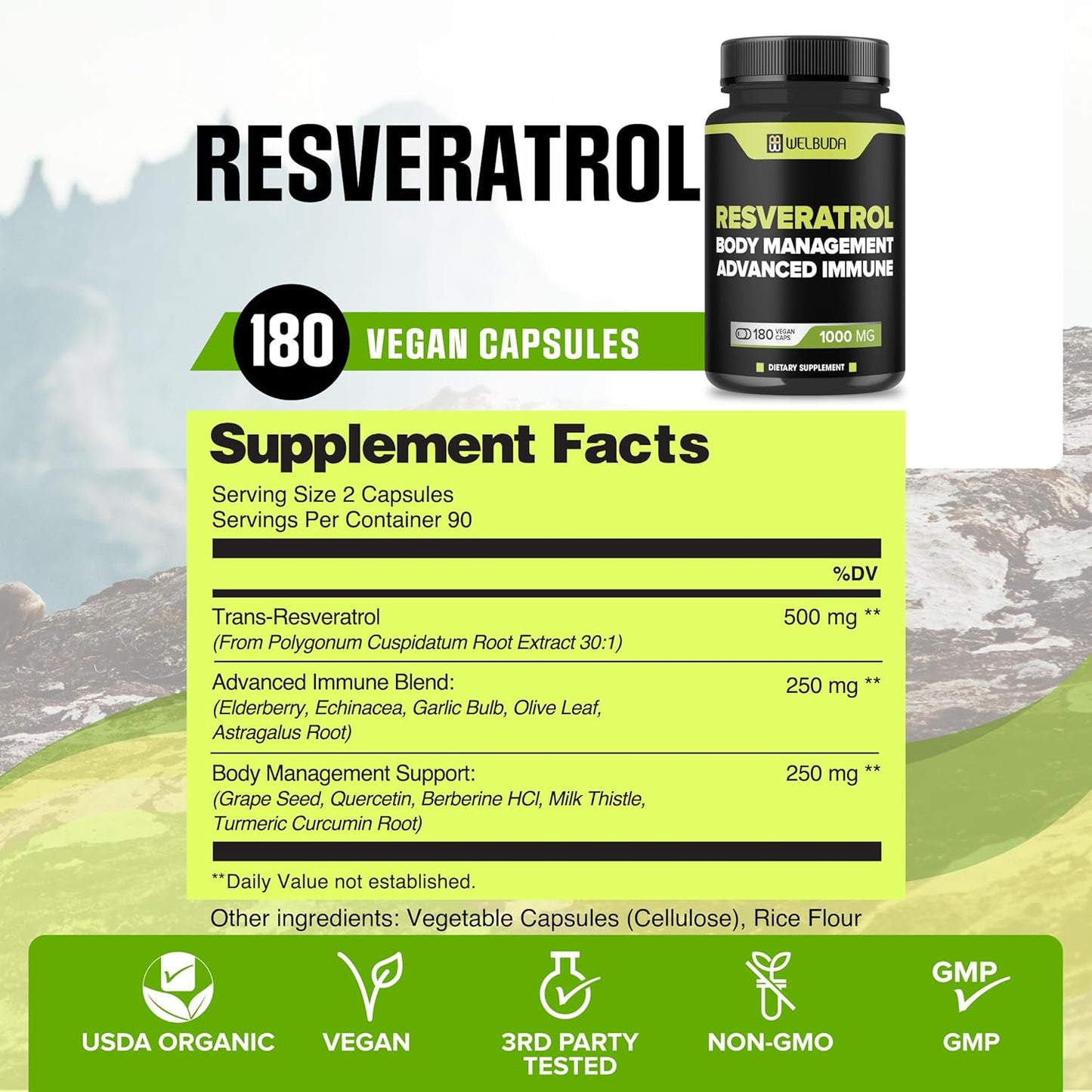 180 Capsules of WELBUDA Trans-Resveratrol Powder Extract 30:1 with Olive Leaf & Quercetin - Immunity, Heart Health & Body Management Support Formula