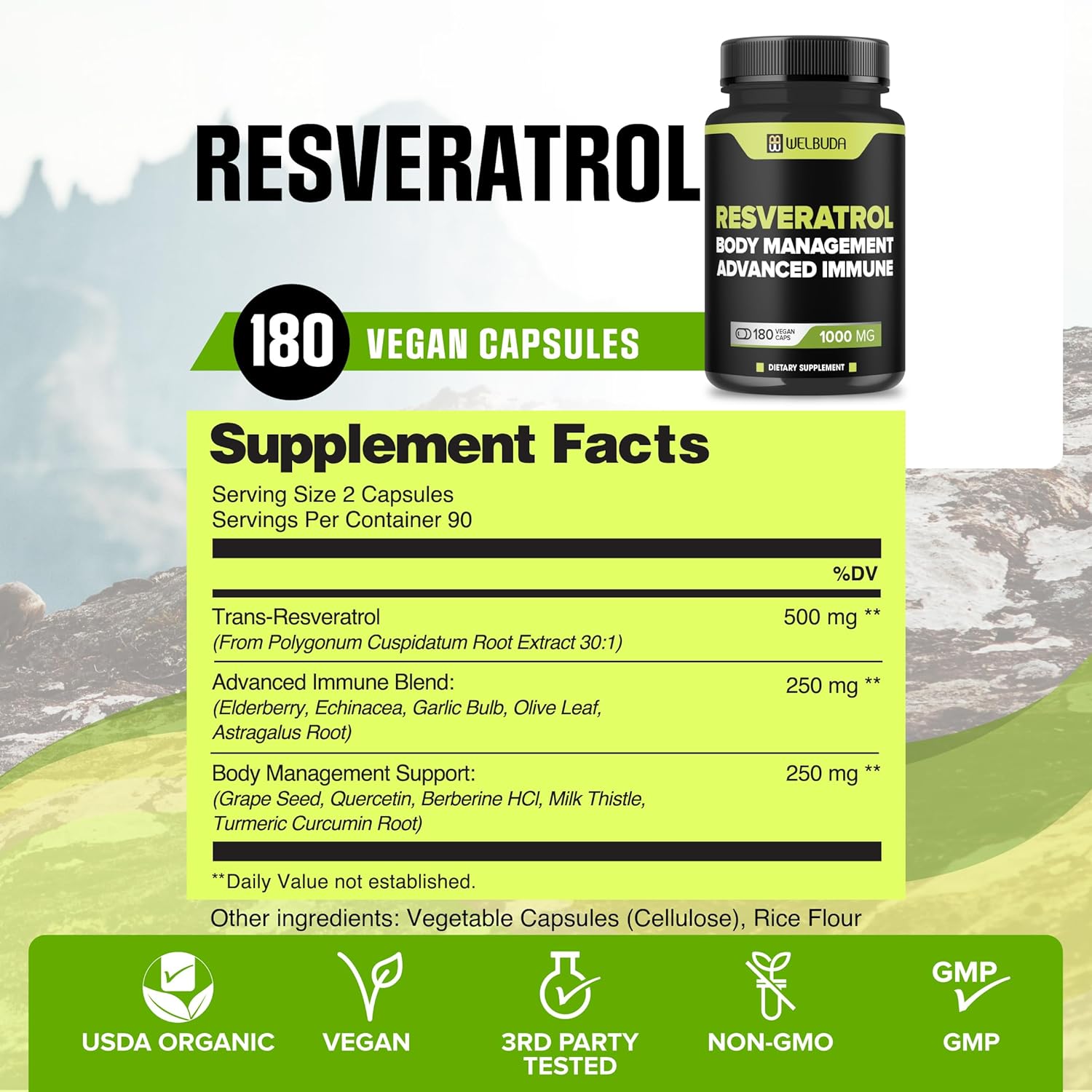 180 Capsules of WELBUDA Trans-Resveratrol Powder Extract 30:1 with Olive Leaf & Quercetin - Immunity, Heart Health & Body Management Support Formula