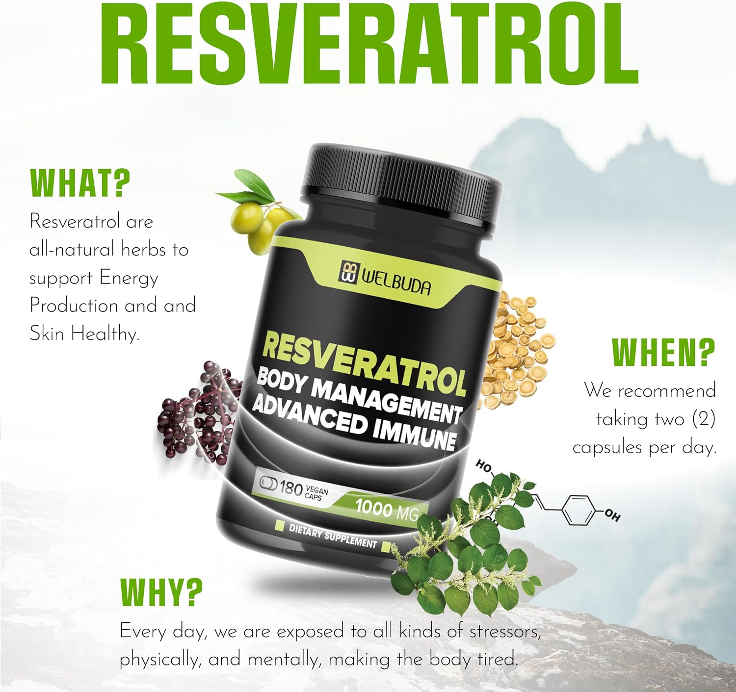 180 Capsules of WELBUDA Trans-Resveratrol Powder Extract 30:1 with Olive Leaf & Quercetin - Immunity, Heart Health & Body Management Support Formula