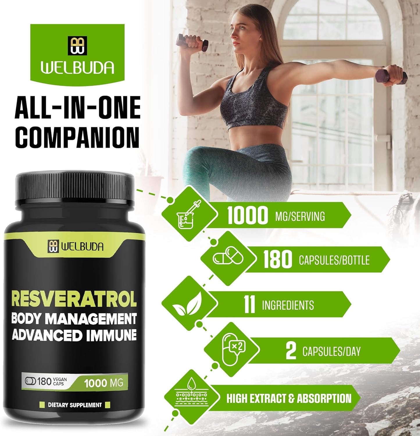 180 Capsules of WELBUDA Trans-Resveratrol Powder Extract 30:1 with Olive Leaf & Quercetin - Immunity, Heart Health & Body Management Support Formula