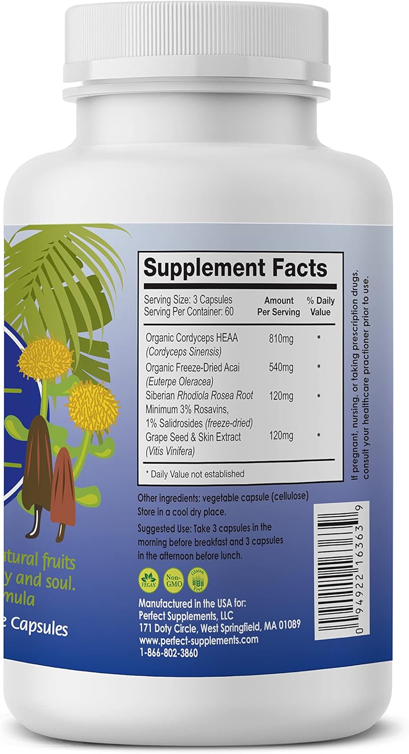 180 Capsules Perfect Acai Revive with Organic Acai, Cordyceps, Grape Seed Extract, and Rhodiola Rosea