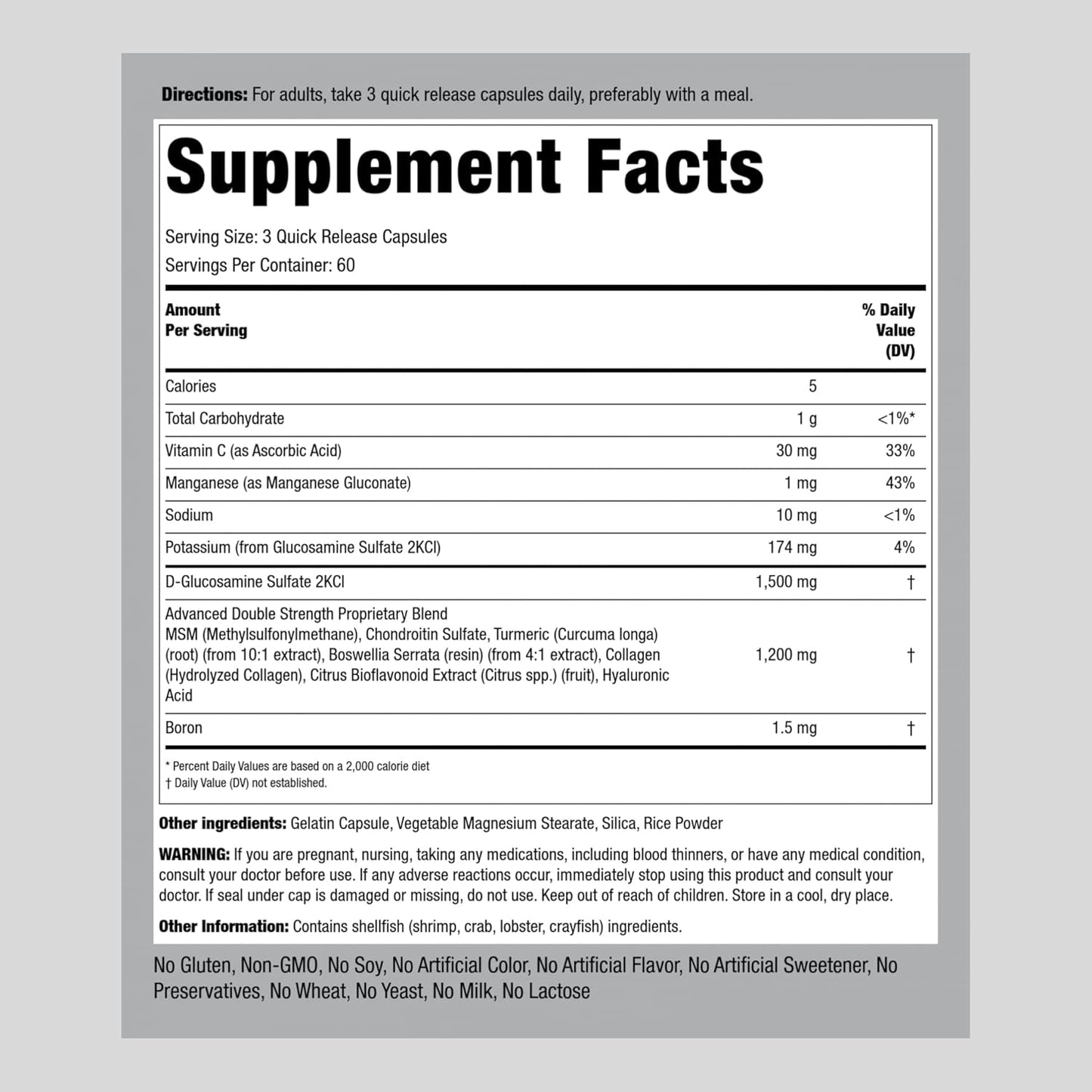 180 Capsules Piping Rock Glucosamine Chondroitin MSM Turmeric Complex Supplement Double Strength Formula Non-GMO Gluten Free