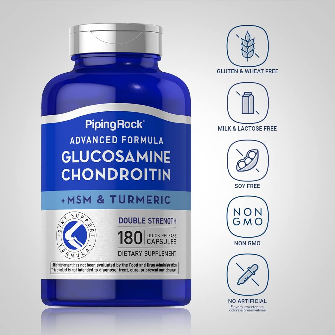 180 Capsules Piping Rock Glucosamine Chondroitin MSM Turmeric Complex Supplement Double Strength Formula Non-GMO Gluten Free