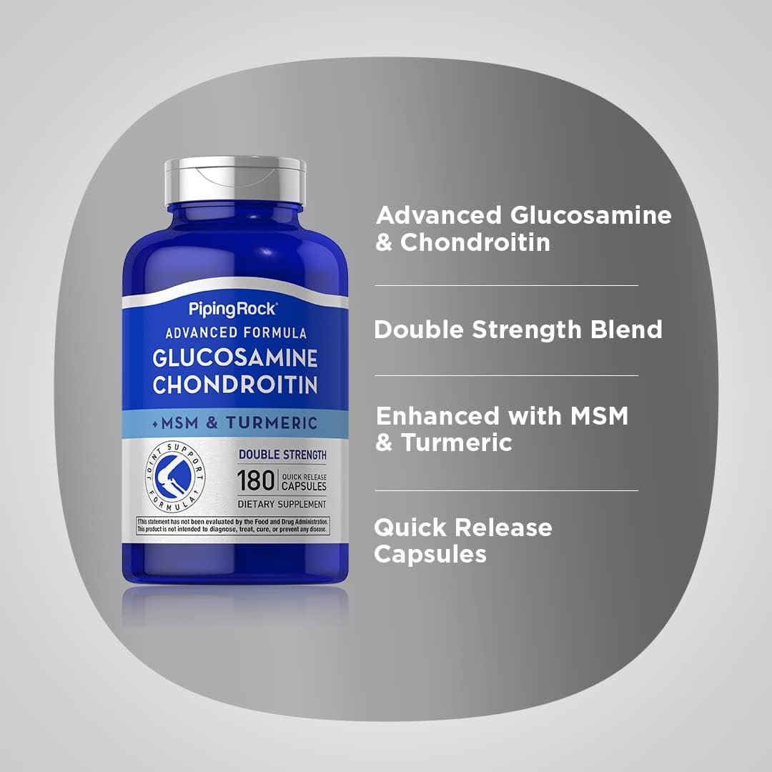 180 Capsules Piping Rock Glucosamine Chondroitin MSM Turmeric Complex Supplement Double Strength Formula Non-GMO Gluten Free