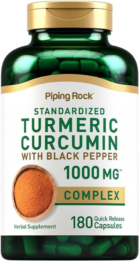 180 Capsules Piping Rock Turmeric Curcumin with Black Pepper 1000mg - Standardized Complex Herbal Supplement, Non-GMO & Gluten Free