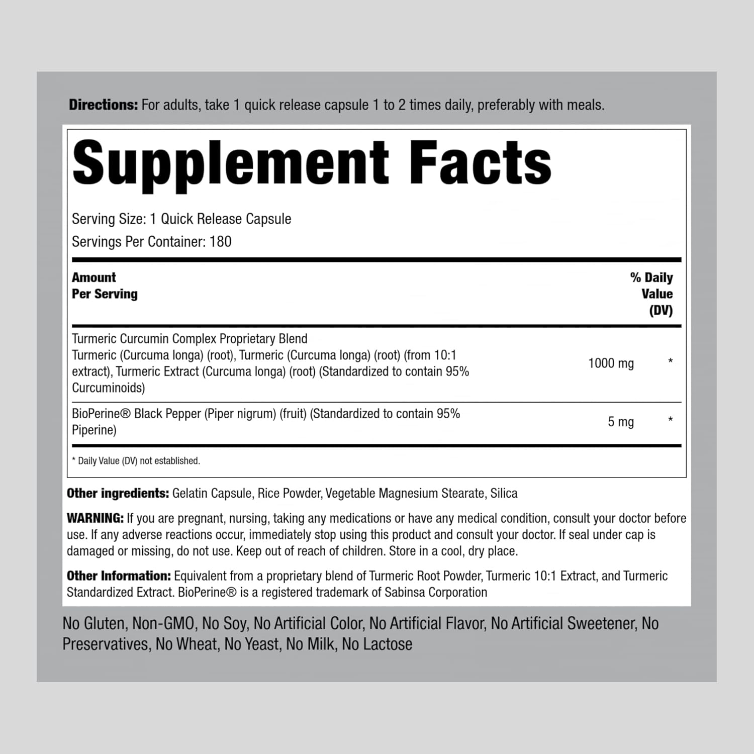 180 Capsules Piping Rock Turmeric Curcumin with Black Pepper 1000mg - Standardized Complex Herbal Supplement, Non-GMO & Gluten Free