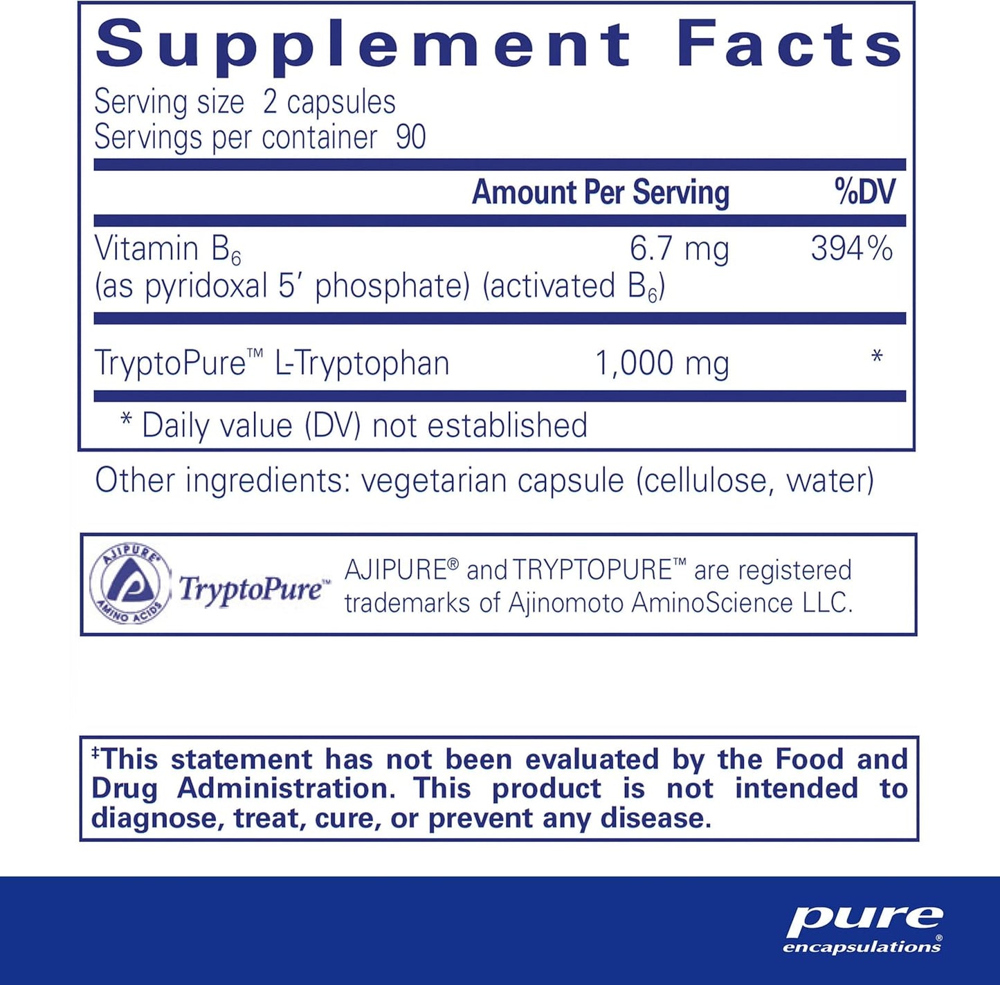 180 Capsules Pure Encapsulations L-Tryptophan Amino Acid Supplement for Relaxation, Serotonin Support, PMS, and Sleep