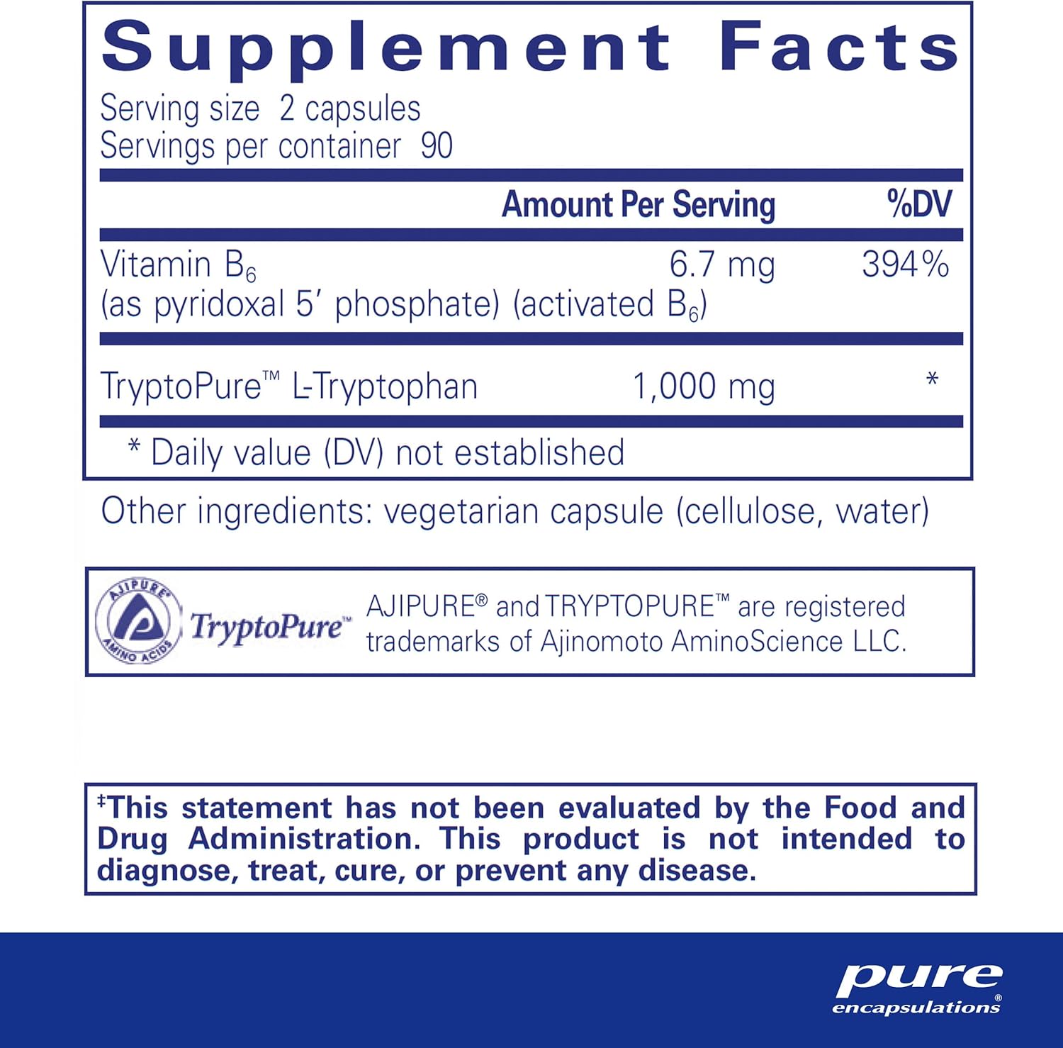 180 Capsules Pure Encapsulations L-Tryptophan Amino Acid Supplement for Relaxation, Serotonin Support, PMS, and Sleep
