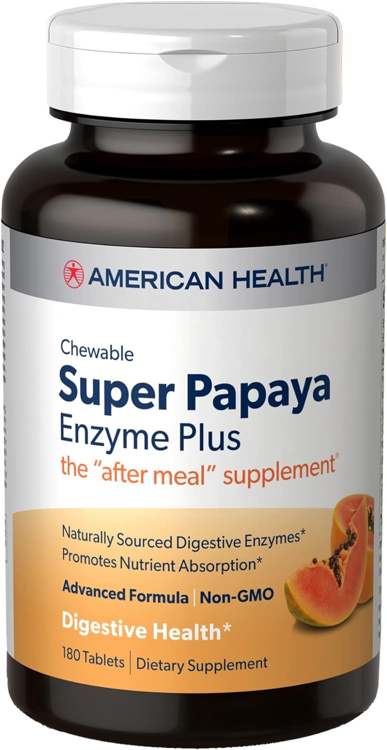 180 Chewable Papaya Enzyme Plus Tablets for Digestion - Non-GMO After-Meal Supplement - American Health