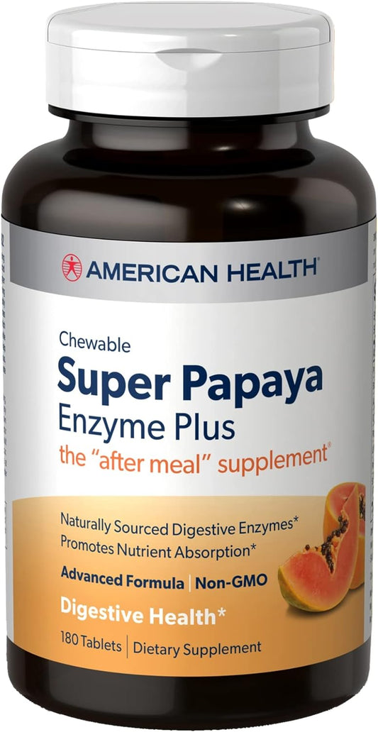 180 Chewable Papaya Enzyme Plus Tablets for Digestion - Non-GMO After-Meal Supplement - American Health