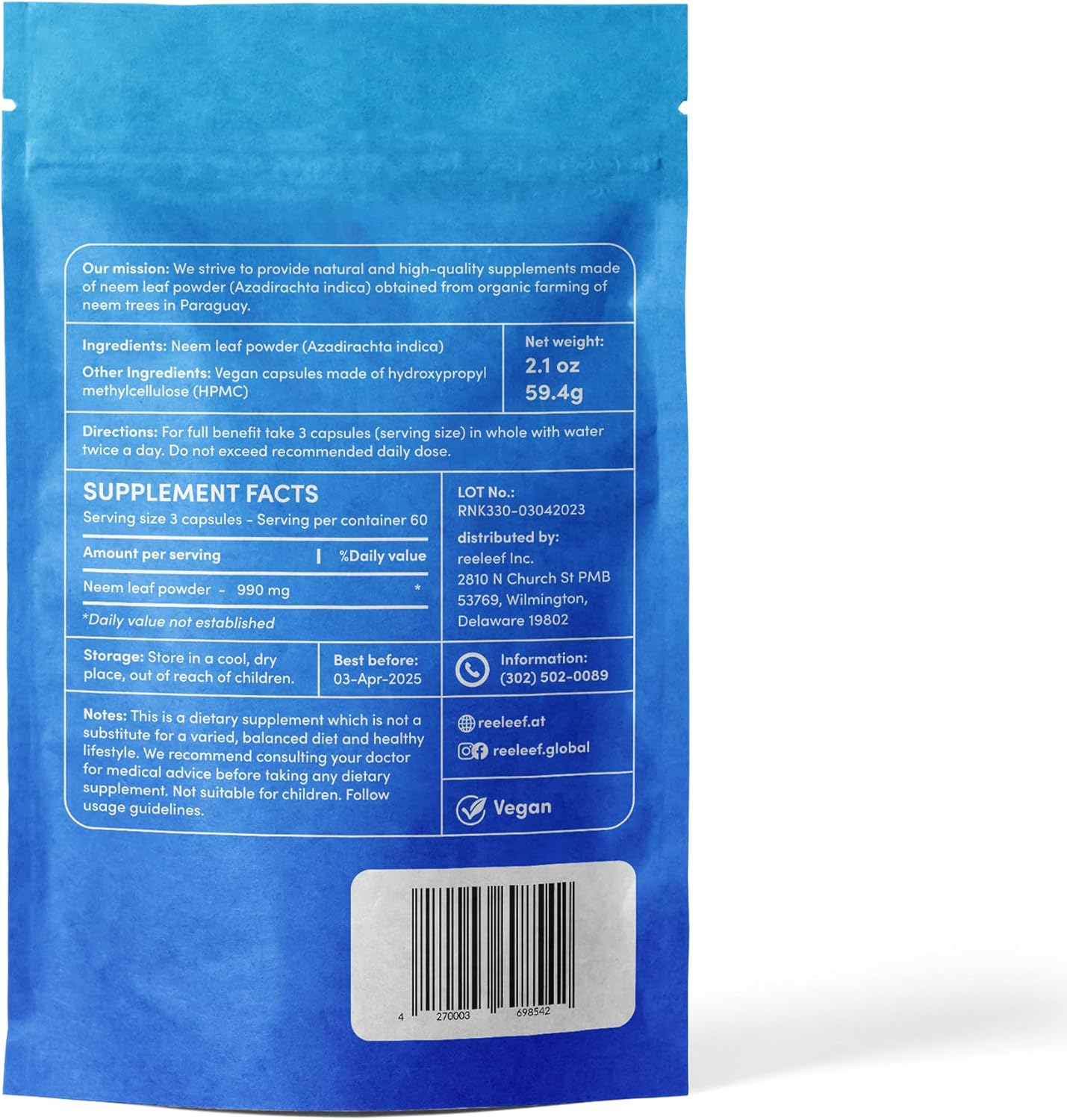 180 Count 330mg Pure Neem Leaf Capsules - Certified Organic Neem Powder - Vegan - No Additives