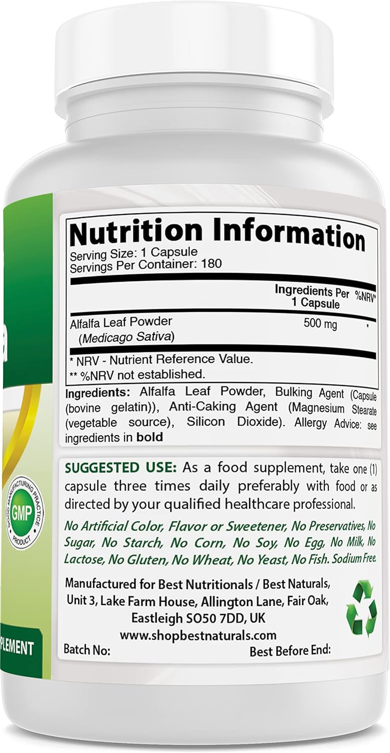 180 Count Best Naturals Alfalfa Green Super Food Capsules - 500 mg per Capsule