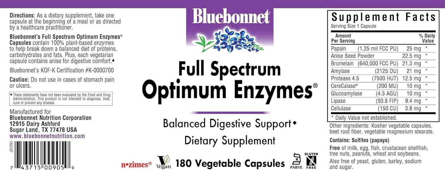 180 Count Bluebonnet Full Spectrum Optimum Enzymes Vegetarian Capsules for Digestive Support