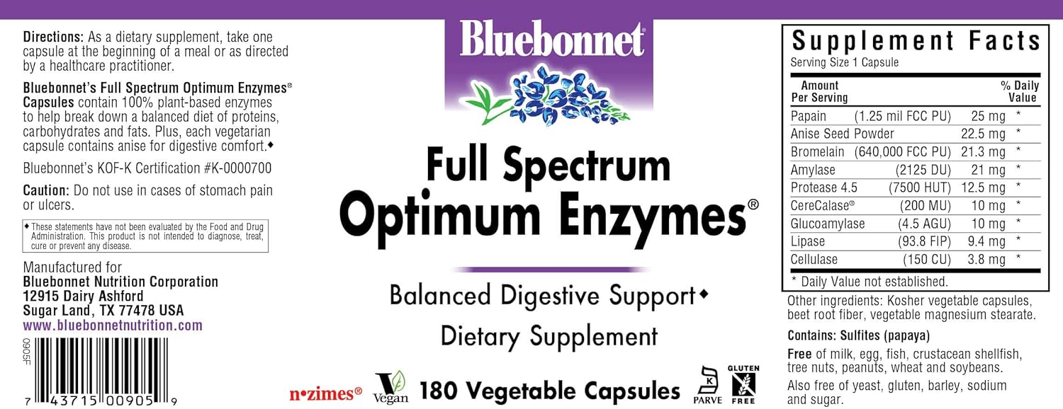 180 Count Bluebonnet Full Spectrum Optimum Enzymes Vegetarian Capsules for Digestive Support