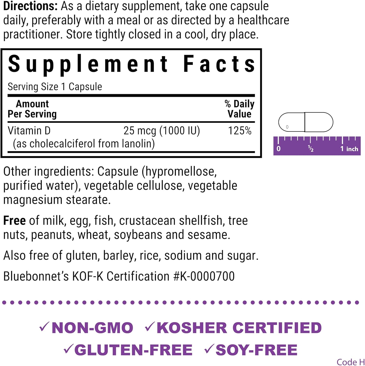 180 Count Bluebonnet Vitamin D3 1000 IU Vegetable Capsules for Immune Support