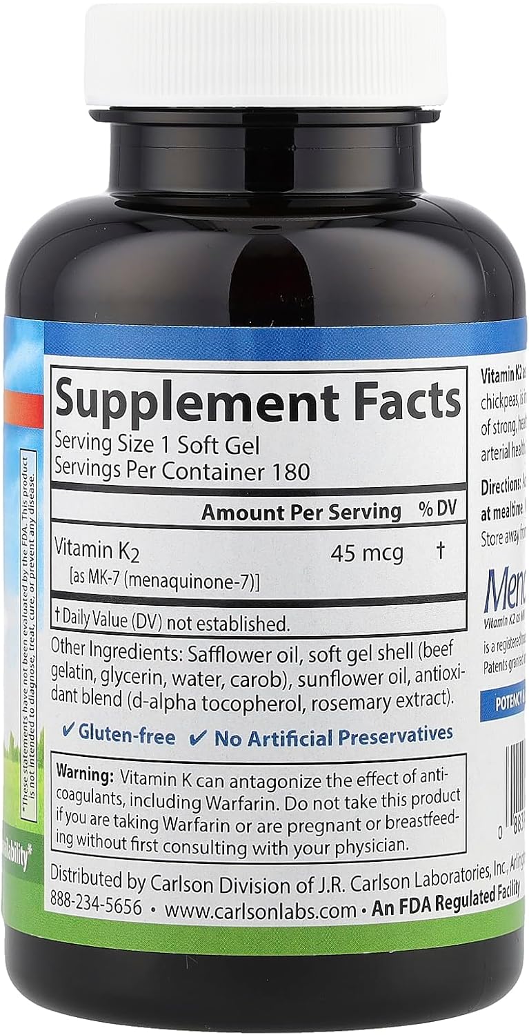 180 Count Carlson Labs Vitamin K2-7 45 MCG Softgel Mineral Supplement